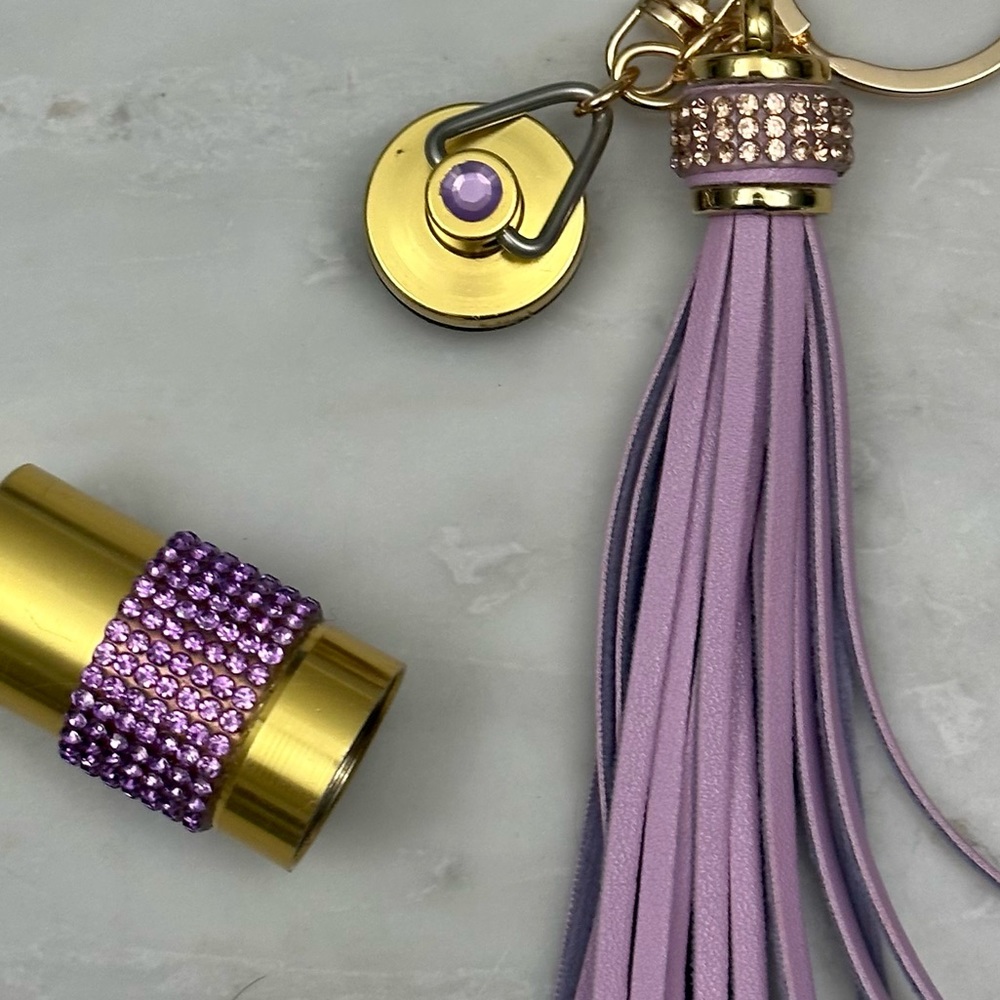 Capsule Holder with Leather Tassel Keychain KeyRing Clasp + Fabric Wristlet